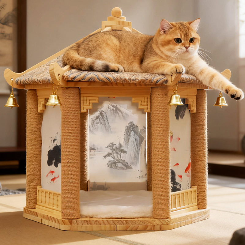 Traditional Chinese Hexagonal Solid Pine Wood Fabric Sisal Pavilion Design Cat Tree For Bedroom & Living Room Cuvalon
