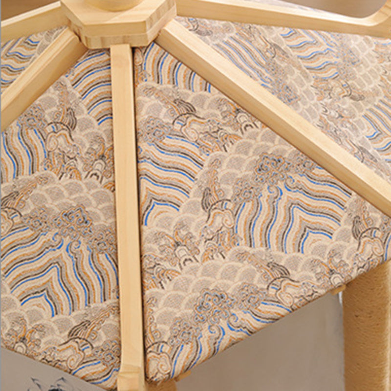 Traditional Chinese Hexagonal Solid Pine Wood Fabric Sisal Pavilion Design Cat Tree For Bedroom & Living Room Cuvalon