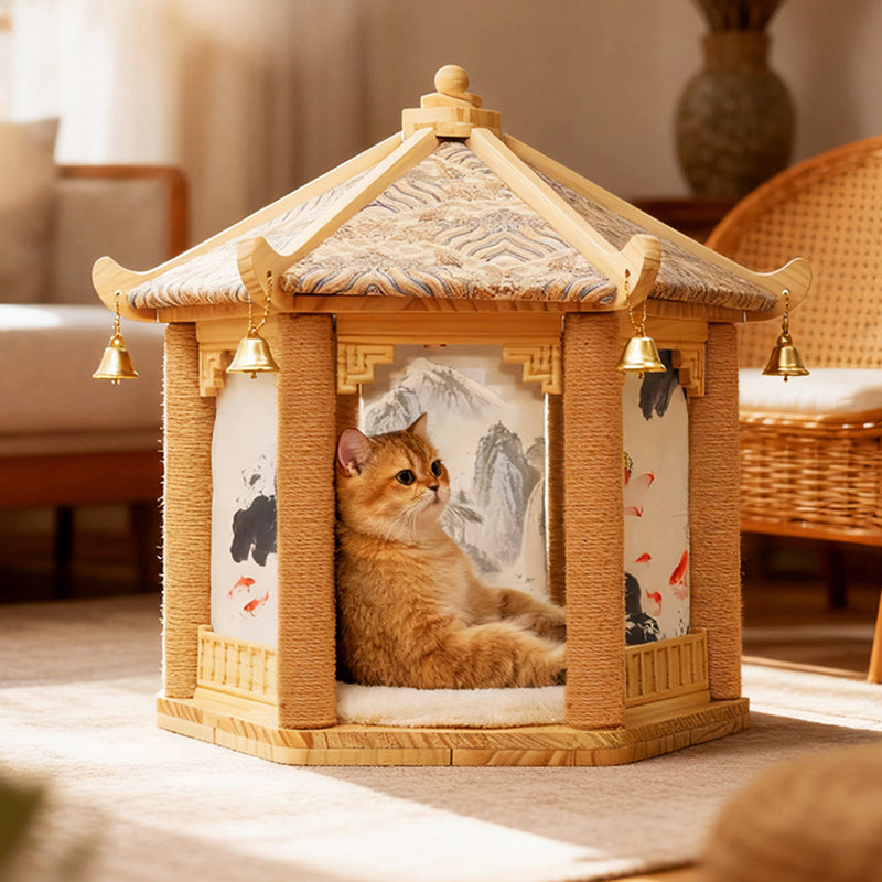 Traditional Chinese Hexagonal Solid Pine Wood Fabric Sisal Pavilion Design Cat Tree For Bedroom & Living Room Cuvalon