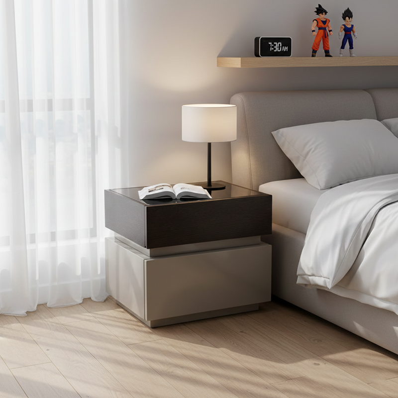 Modern Minimalist Dual-Drawer Storage Nightstand: Black & White Contrast Design - Smart Bedside Table With Sensor Light For Bedroom Cuvalon