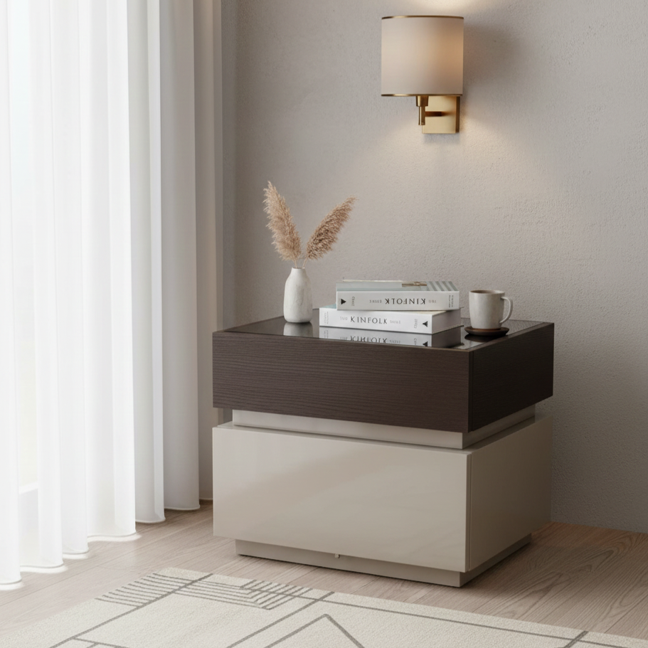 Modern Minimalist Dual-Drawer Storage Nightstand: Black & White Contrast Design - Smart Bedside Table With Sensor Light For Bedroom Cuvalon