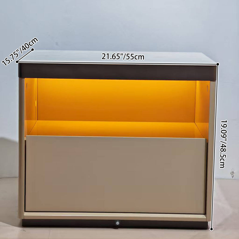 Modern Minimalist Off-White Nightstand: Marble Top & Motion-Sensor Light Design - Quiet Single-Drawer Storage Bedside Table For Bedroom Cuvalon