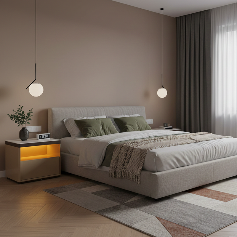 Modern Minimalist Off-White Nightstand: Marble Top & Motion-Sensor Light Design - Quiet Single-Drawer Storage Bedside Table For Bedroom Cuvalon