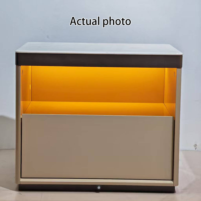 Modern Minimalist Off-White Nightstand: Marble Top & Motion-Sensor Light Design - Quiet Single-Drawer Storage Bedside Table For Bedroom Cuvalon