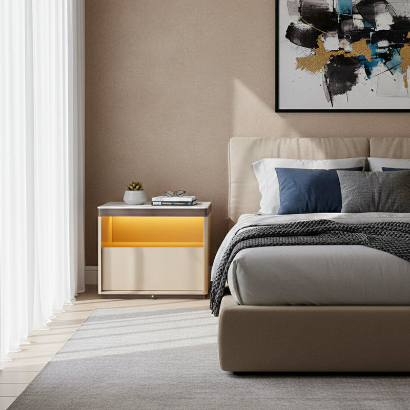 Modern Minimalist Off-White Nightstand: Marble Top & Motion-Sensor Light Design - Quiet Single-Drawer Storage Bedside Table For Bedroom Cuvalon
