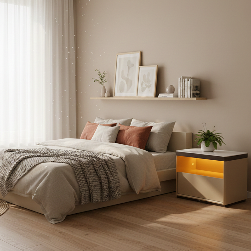 Modern Minimalist Off-White Nightstand: Marble Top & Motion-Sensor Light Design - Quiet Single-Drawer Storage Bedside Table For Bedroom Cuvalon