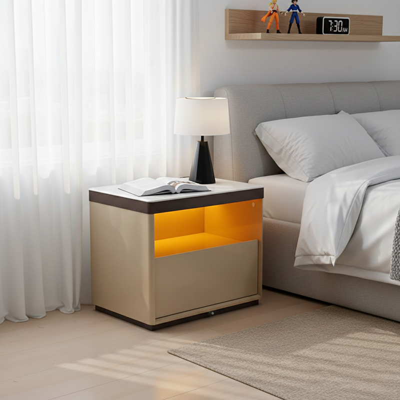 Modern Minimalist Off-White Nightstand: Marble Top & Motion-Sensor Light Design - Quiet Single-Drawer Storage Bedside Table For Bedroom Cuvalon