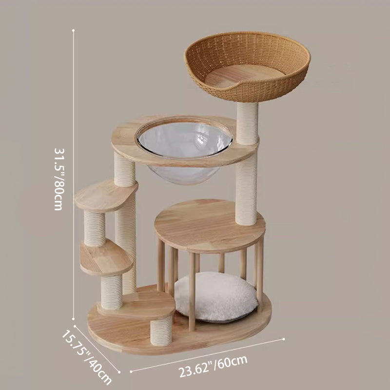 Contemporary Scandinavian Round Rubberwood Solid Wood Acrylic Kraft Paper Rope Cat Tree 4-Tier For Living Room Cuvalon