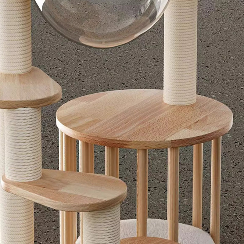 Contemporary Scandinavian Round Rubberwood Solid Wood Acrylic Kraft Paper Rope Cat Tree 4-Tier For Living Room Cuvalon