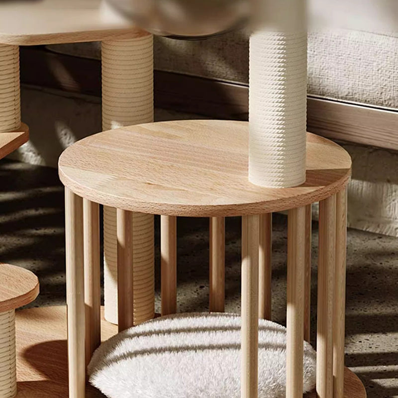 Contemporary Scandinavian Round Rubberwood Solid Wood Acrylic Kraft Paper Rope Cat Tree 4-Tier For Living Room Cuvalon