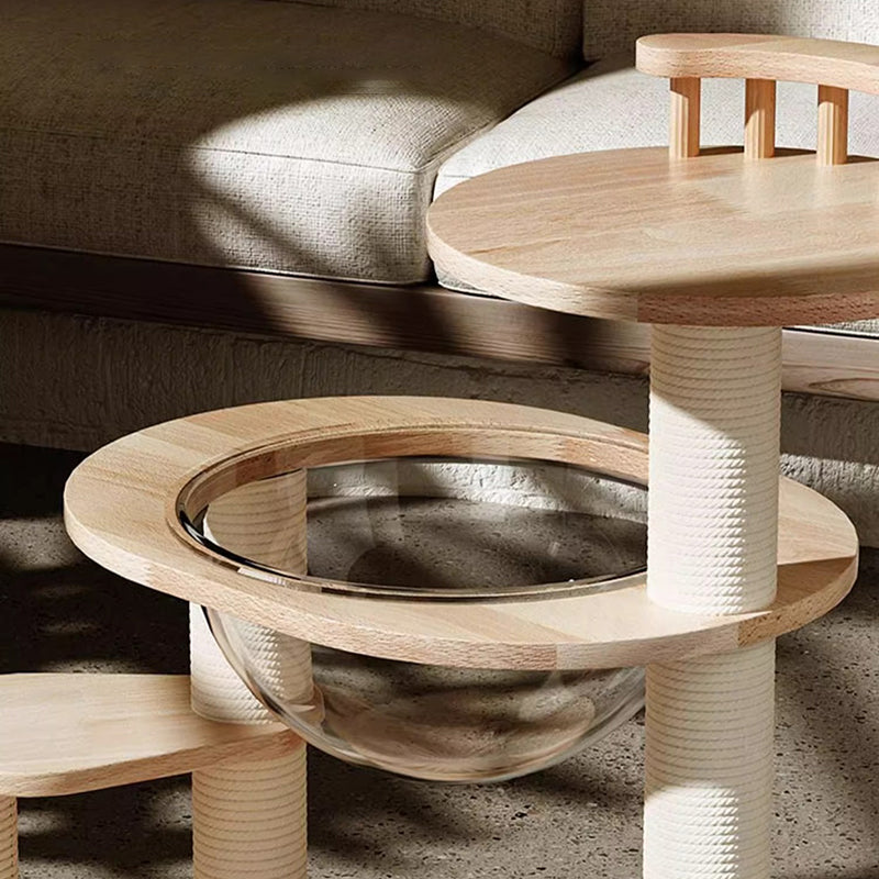 Contemporary Scandinavian Round Rubberwood Solid Wood Acrylic Kraft Paper Rope Cat Tree 4-Tier For Living Room Cuvalon