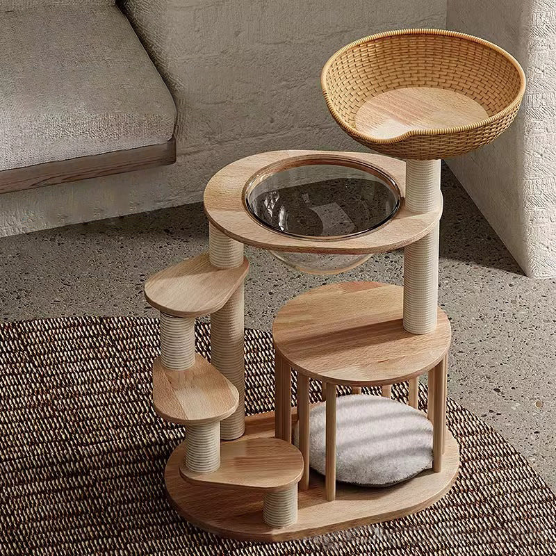 Contemporary Scandinavian Round Rubberwood Solid Wood Acrylic Kraft Paper Rope Cat Tree 4-Tier For Living Room Cuvalon