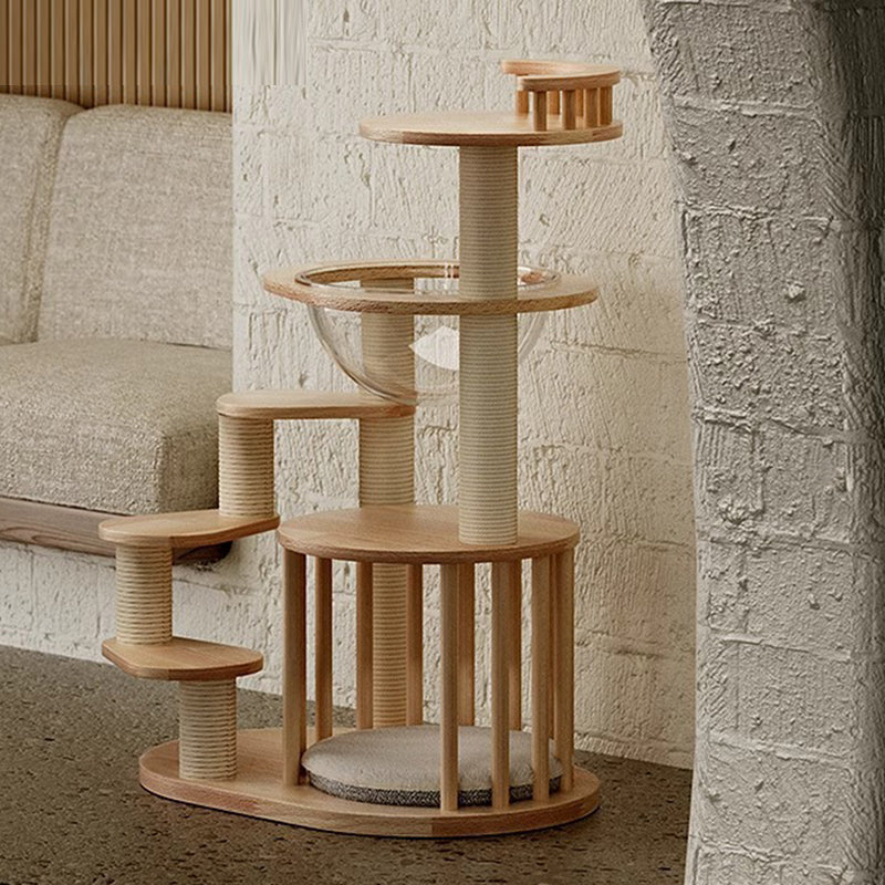 Contemporary Scandinavian Round Rubberwood Solid Wood Acrylic Kraft Paper Rope Cat Tree 4-Tier For Living Room Cuvalon