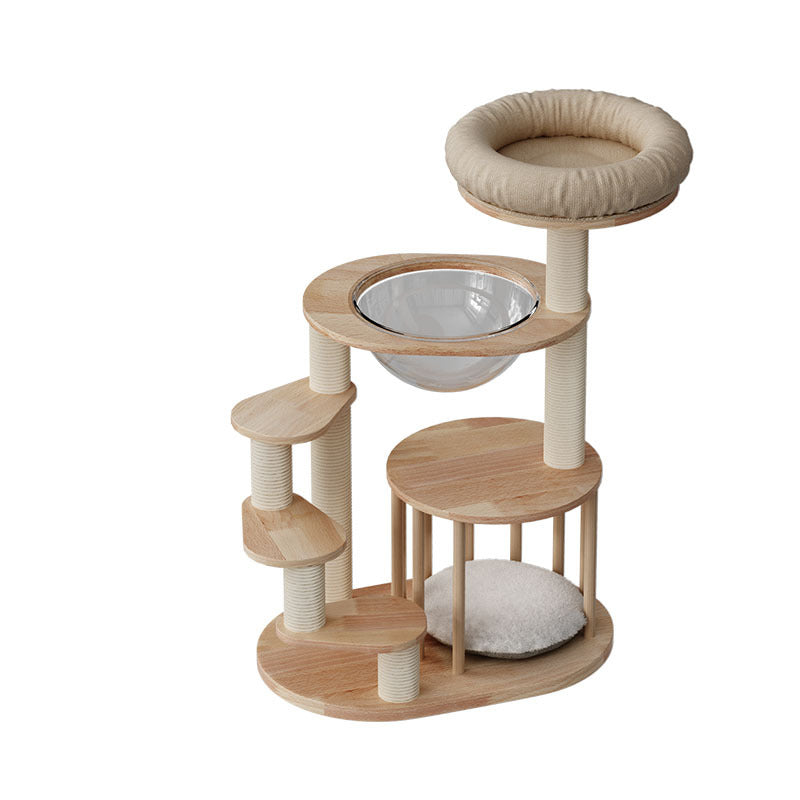 Contemporary Scandinavian Round Rubberwood Solid Wood Acrylic Kraft Paper Rope Cat Tree 4-Tier For Living Room Cuvalon