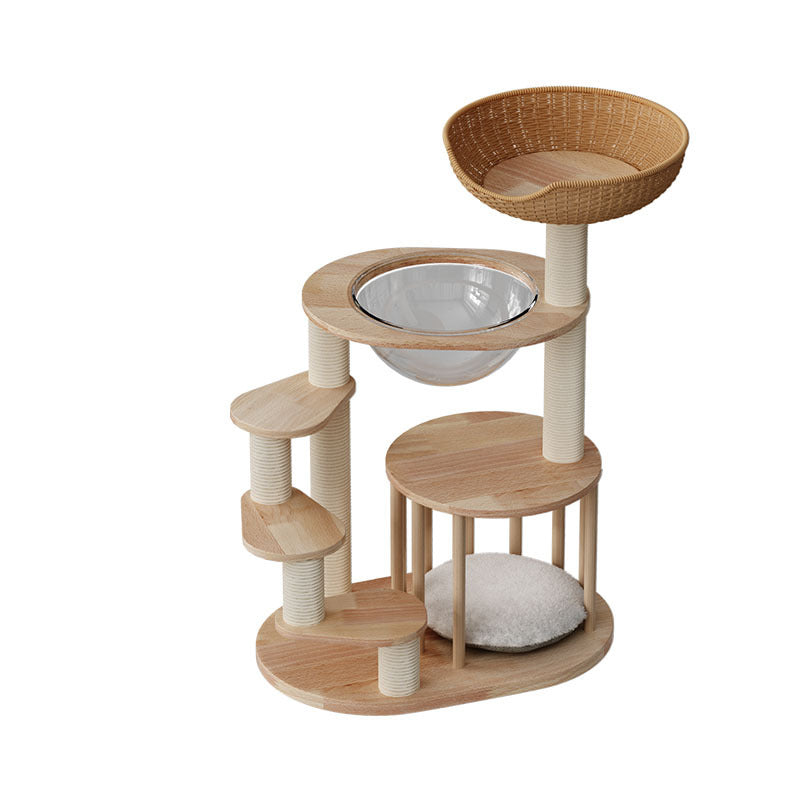 Contemporary Scandinavian Round Rubberwood Solid Wood Acrylic Kraft Paper Rope Cat Tree 4-Tier For Living Room Cuvalon