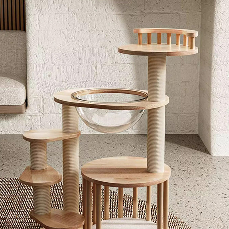 Contemporary Scandinavian Round Rubberwood Solid Wood Acrylic Kraft Paper Rope Cat Tree 4-Tier For Living Room Cuvalon