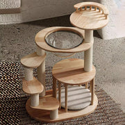 Contemporary Scandinavian Round Rubberwood Solid Wood Acrylic Kraft Paper Rope Cat Tree 4-Tier For Living Room Cuvalon