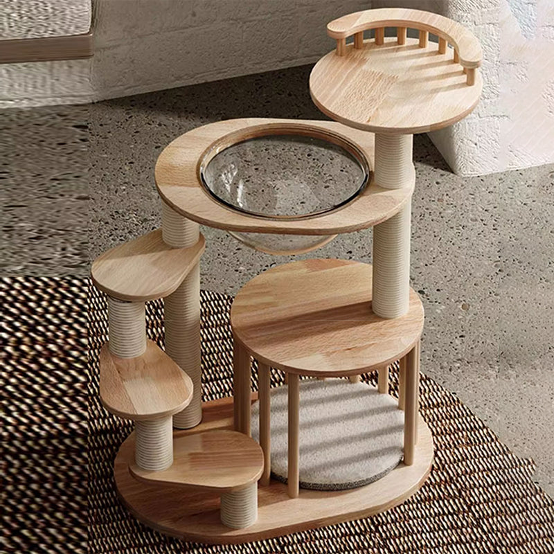 Contemporary Scandinavian Round Rubberwood Solid Wood Acrylic Kraft Paper Rope Cat Tree 4-Tier For Living Room Cuvalon