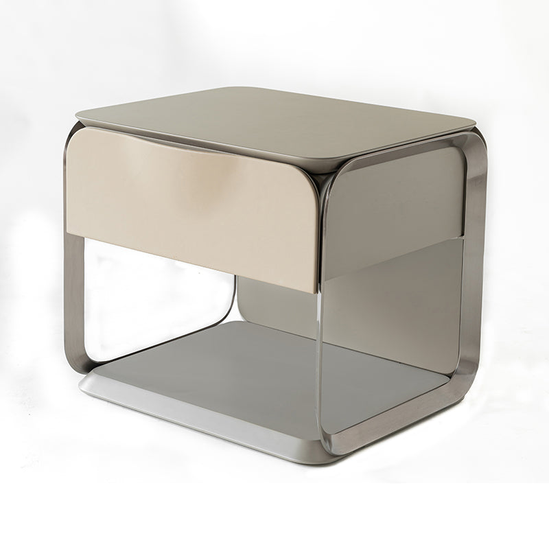 Modern Luxury White & Silver Nightstand : Floating Design Microfiber Leather Drawer Front - Single Drawer Bedside Table For Bedroom Cuvalon