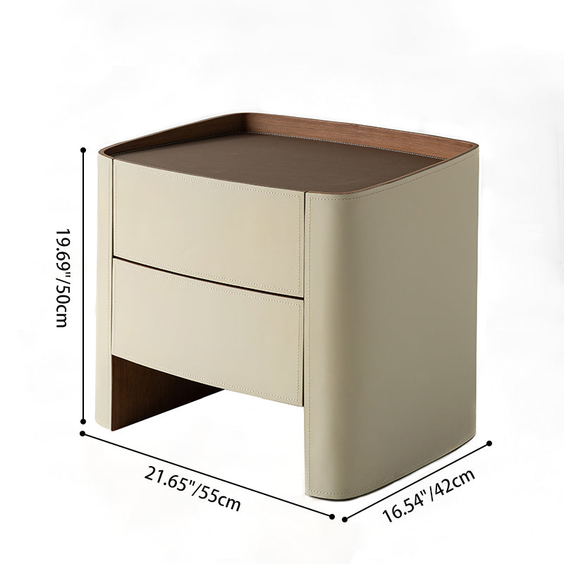 Modern Luxury Beige Nightstand: Floating Design & Saddle Leather Finish - Double Drawer Bedside Table For Bedroom Cuvalon