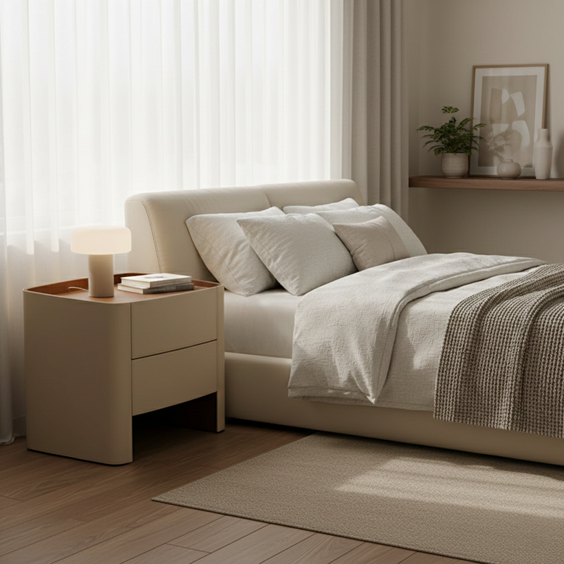 Modern Luxury Beige Nightstand: Floating Design & Saddle Leather Finish - Double Drawer Bedside Table For Bedroom Cuvalon