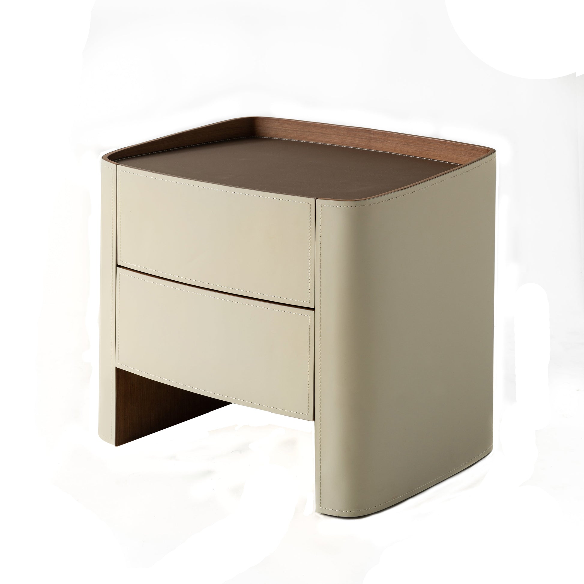 Modern Luxury Beige Nightstand: Floating Design & Saddle Leather Finish - Double Drawer Bedside Table For Bedroom Cuvalon