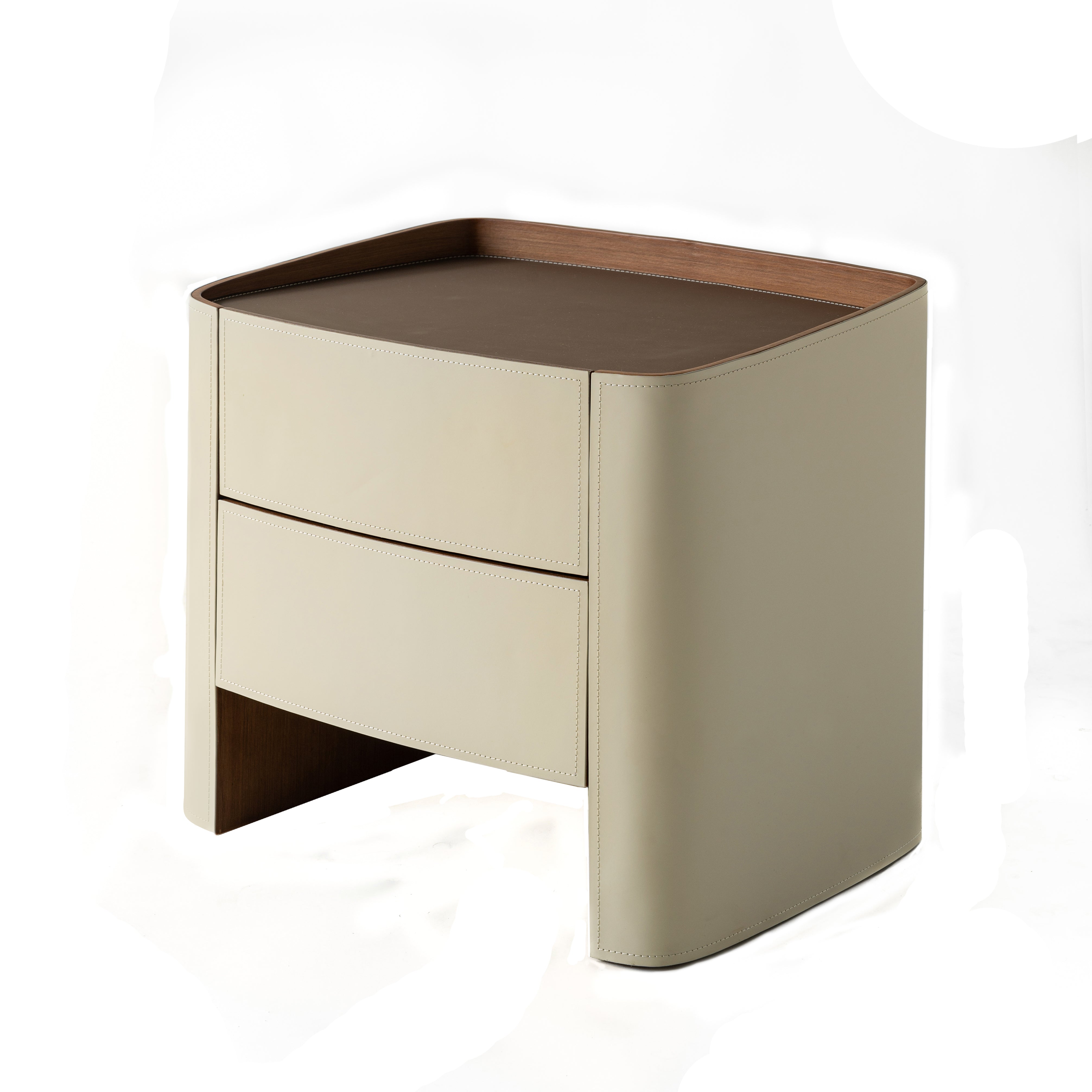 Modern Luxury Beige Nightstand: Floating Design & Saddle Leather Finish - Double Drawer Bedside Table For Bedroom Cuvalon