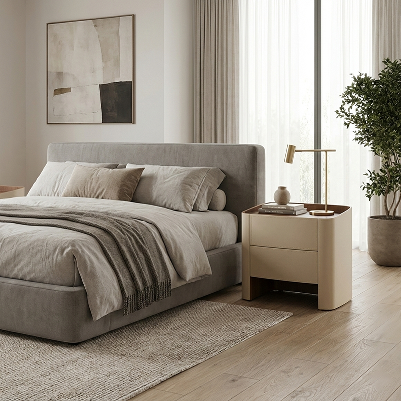 Modern Luxury Beige Nightstand: Floating Design & Saddle Leather Finish - Double Drawer Bedside Table For Bedroom Cuvalon