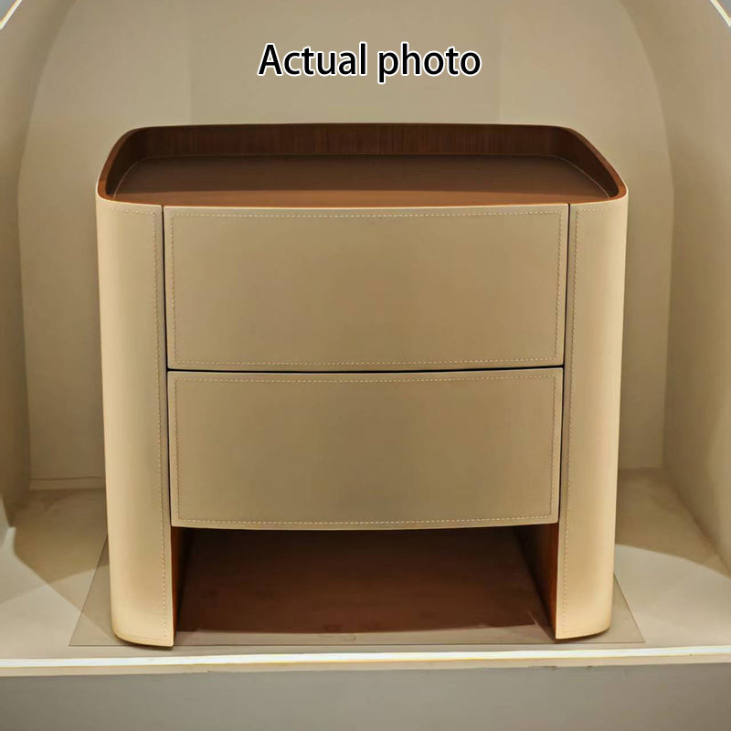 Modern Luxury Beige Nightstand: Floating Design & Saddle Leather Finish - Double Drawer Bedside Table For Bedroom Cuvalon