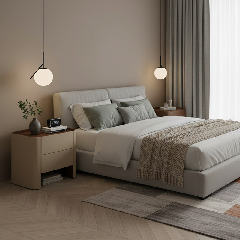 Modern Luxury Beige Nightstand: Floating Design & Saddle Leather Finish - Double Drawer Bedside Table For Bedroom Cuvalon