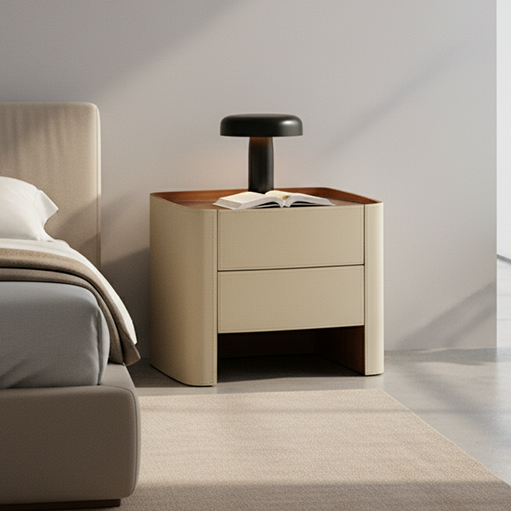 Modern Luxury Beige Nightstand: Floating Design & Saddle Leather Finish - Double Drawer Bedside Table For Bedroom Cuvalon