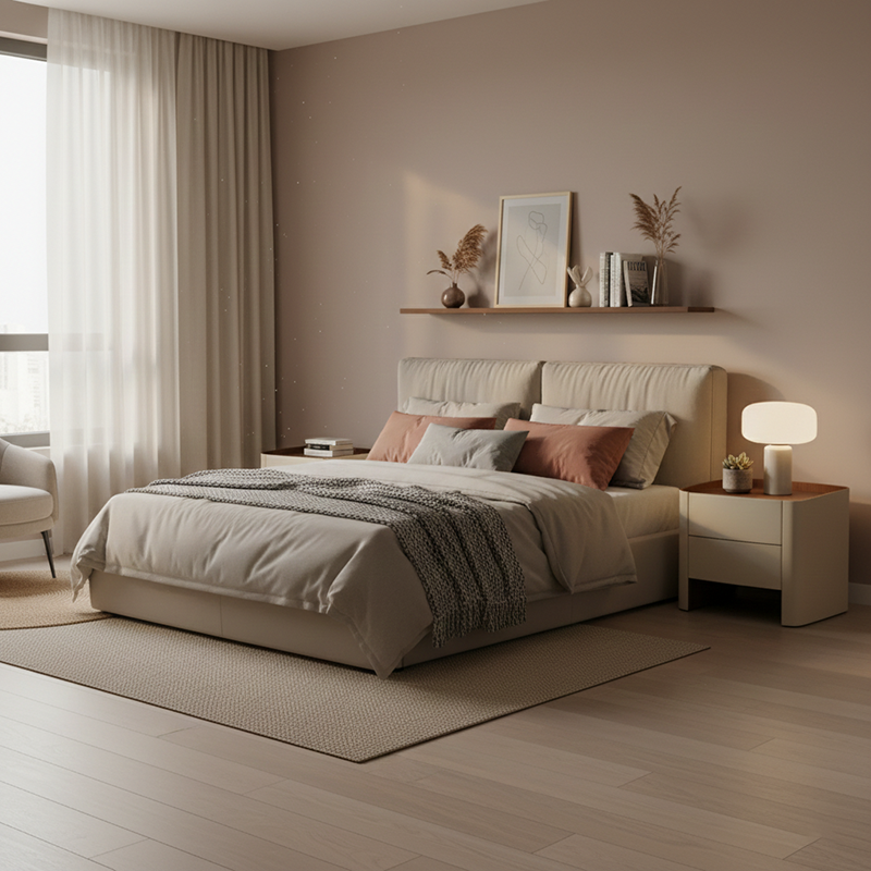 Modern Luxury Beige Nightstand: Floating Design & Saddle Leather Finish - Double Drawer Bedside Table For Bedroom Cuvalon