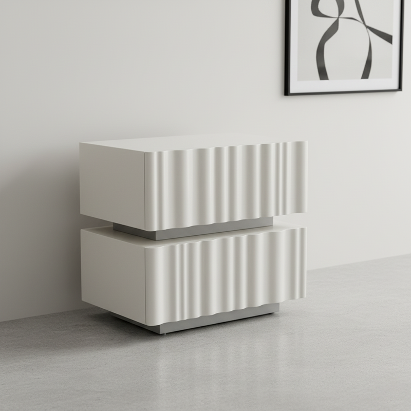 Modern Luxury White Nightstand: 3D Wavy Texture Drawers - Dual-Drawer Bedside Table For Bedroom Cuvalon
