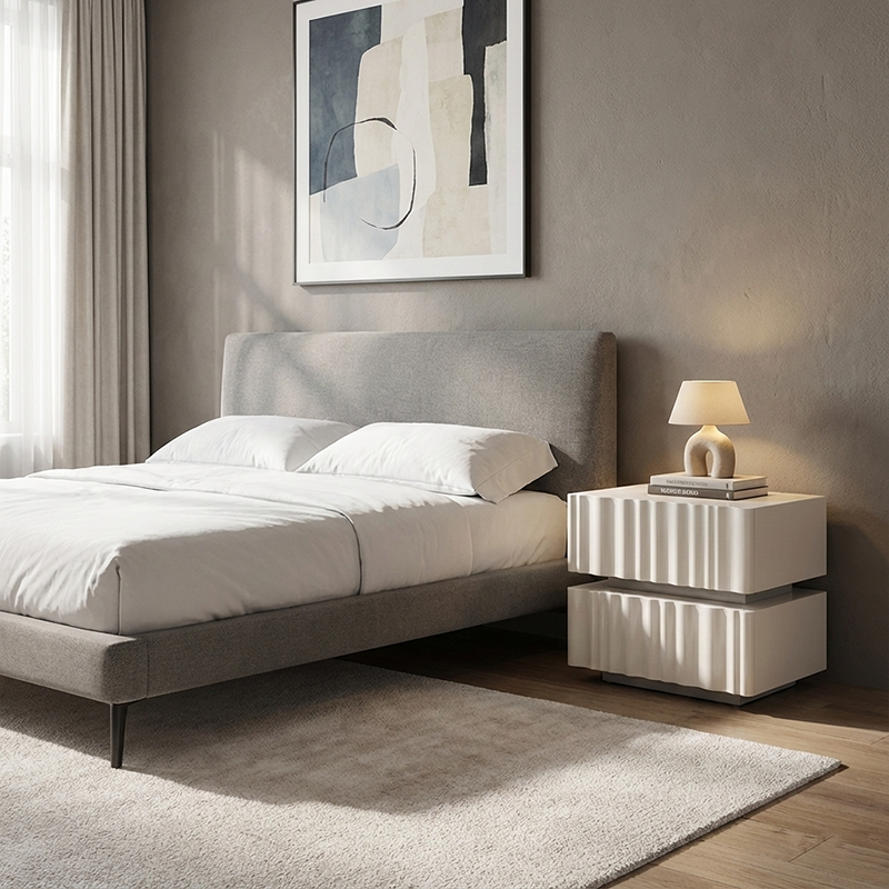 Modern Luxury White Nightstand: 3D Wavy Texture Drawers - Dual-Drawer Bedside Table For Bedroom Cuvalon