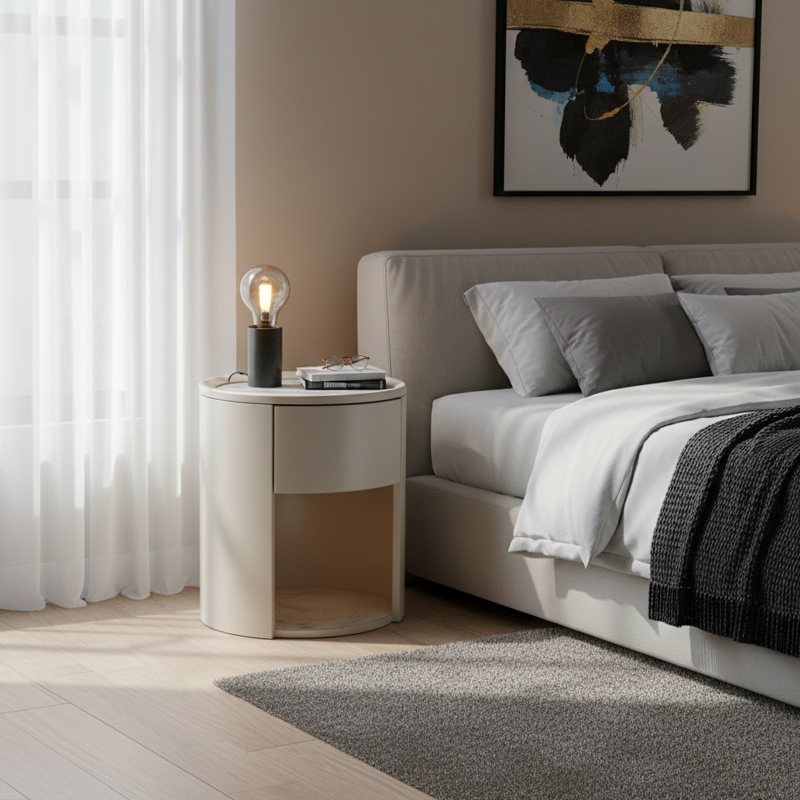 Modern Luxury White Nightstand: White Stone Slab Tabletop - Single Drawer Bedside Table For Bedroom Cuvalon