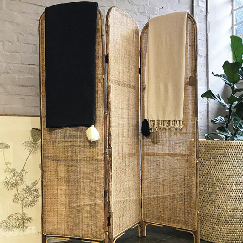 Traditional Chinese Wood Color Three-Panel Screen: Natural Indonesian Rattan - Handwoven Room Divider For Living Room Cuvalon