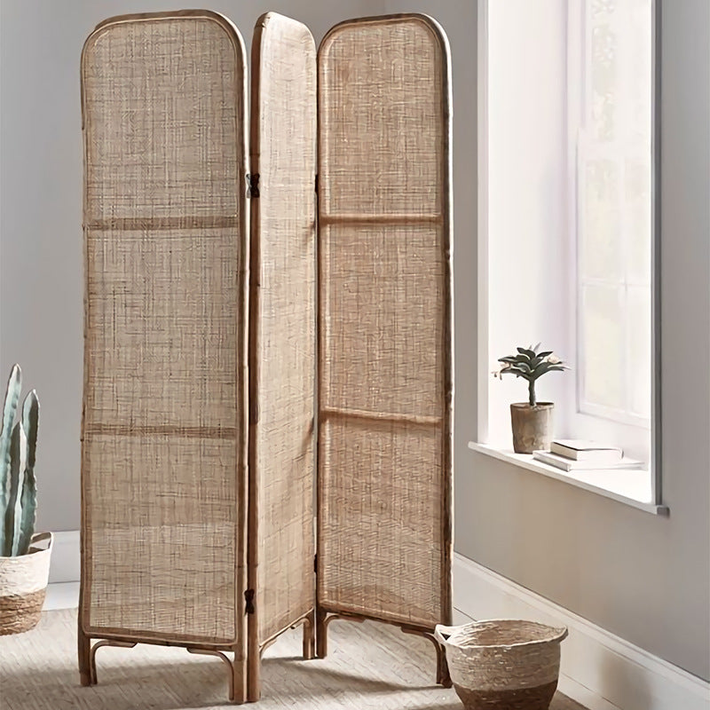 Traditional Chinese Wood Color Three-Panel Screen: Natural Indonesian Rattan - Handwoven Room Divider For Living Room Cuvalon