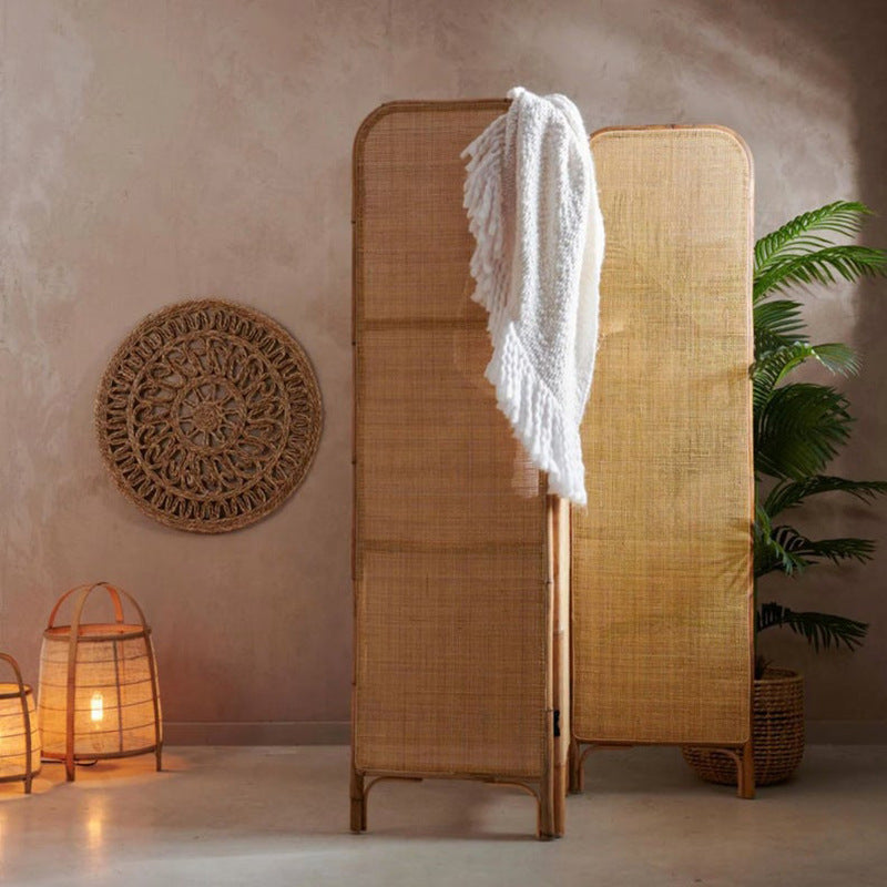 Traditional Chinese Wood Color Three-Panel Screen: Natural Indonesian Rattan - Handwoven Room Divider For Living Room Cuvalon