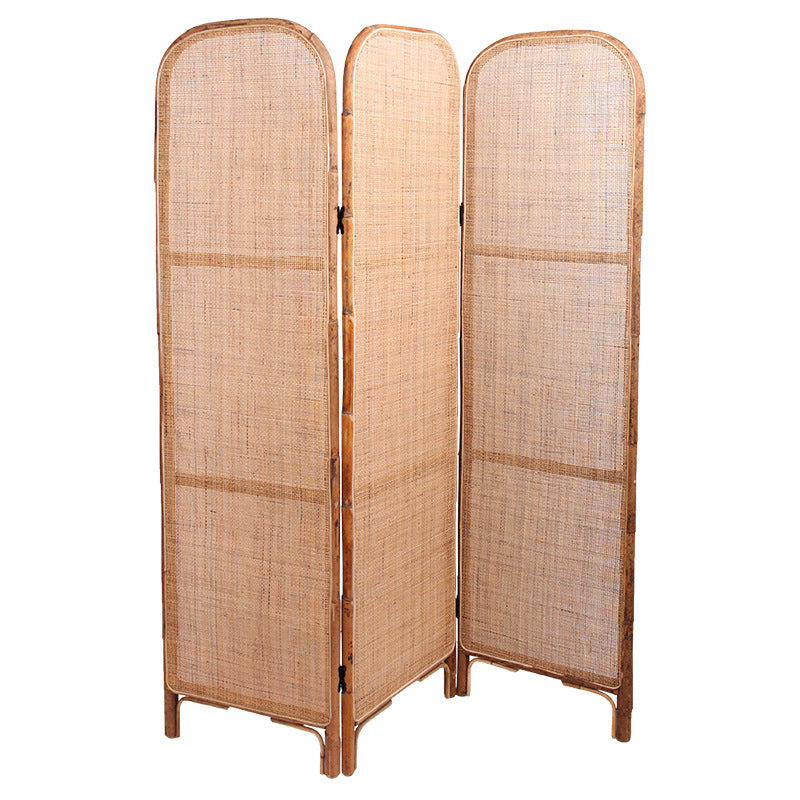 Traditional Chinese Wood Color Three-Panel Screen: Natural Indonesian Rattan - Handwoven Room Divider For Living Room Cuvalon