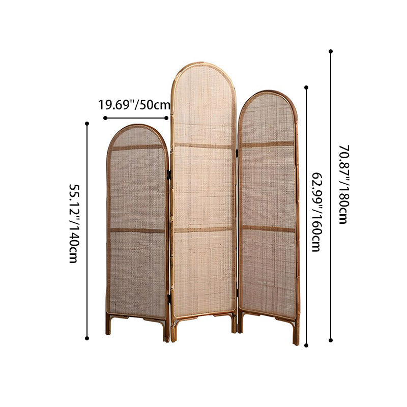 Traditional Chinese Wood Color Three-Panel Screen: Natural Indonesian Rattan & Handwoven - Asymmetrical Tiered Design Room Divider For Living Room Cuvalon