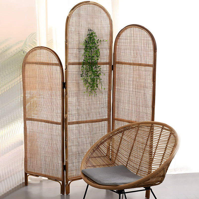 Traditional Chinese Wood Color Three-Panel Screen: Natural Indonesian Rattan & Handwoven - Asymmetrical Tiered Design Room Divider For Living Room Cuvalon