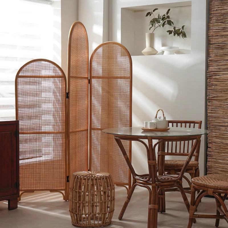 Traditional Chinese Wood Color Three-Panel Screen: Natural Indonesian Rattan & Handwoven - Asymmetrical Tiered Design Room Divider For Living Room Cuvalon
