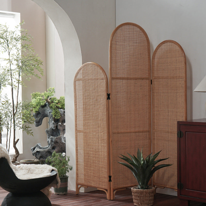 Traditional Chinese Wood Color Three-Panel Screen: Natural Indonesian Rattan & Handwoven - Asymmetrical Tiered Design Room Divider For Living Room Cuvalon