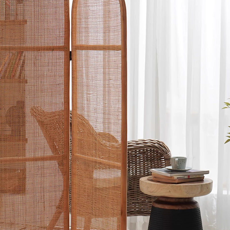 Traditional Chinese Wood Color Three-Panel Screen: Natural Indonesian Rattan & Handwoven - Asymmetrical Tiered Design Room Divider For Living Room Cuvalon