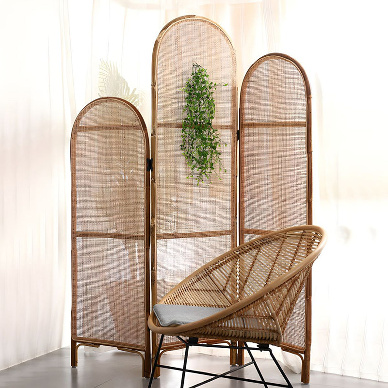 Traditional Chinese Wood Color Three-Panel Screen: Natural Indonesian Rattan & Handwoven - Asymmetrical Tiered Design Room Divider For Living Room Cuvalon