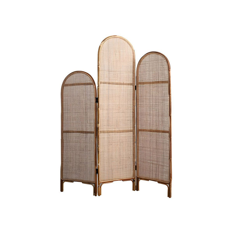 Traditional Chinese Wood Color Three-Panel Screen: Natural Indonesian Rattan & Handwoven - Asymmetrical Tiered Design Room Divider For Living Room Cuvalon