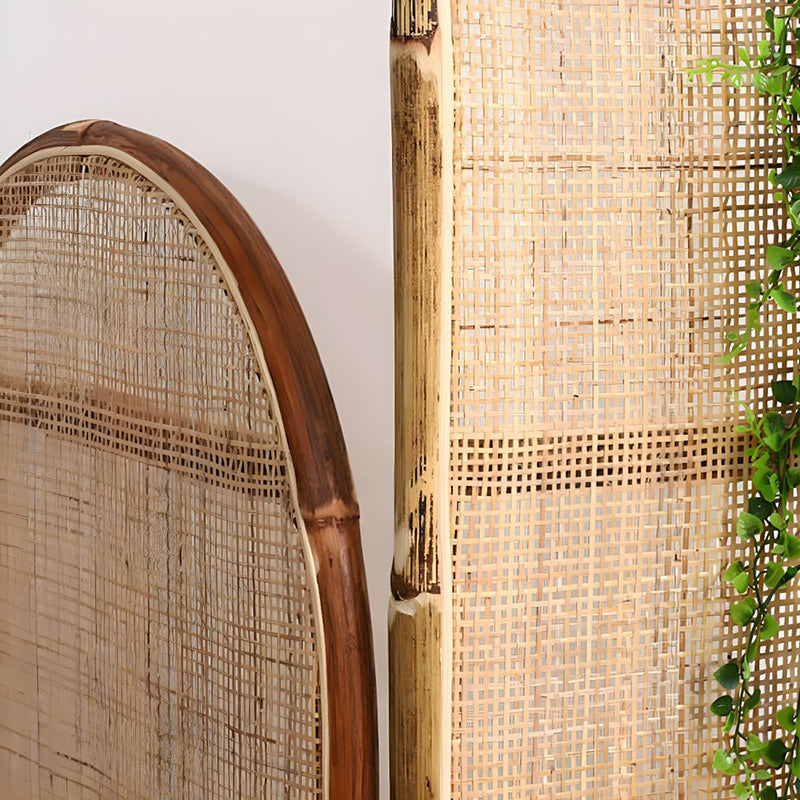 Traditional Chinese Wood Color Three-Panel Screen: Natural Indonesian Rattan & Handwoven - Asymmetrical Tiered Design Room Divider For Living Room Cuvalon