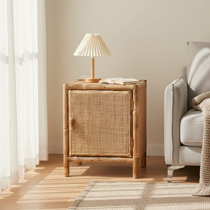 Traditional Chinese Wood Color Storage Cabinet: Natural Indonesian Rattan & Handwoven - Single-Cabinet Storage Sideboard For Living Room Cuvalon