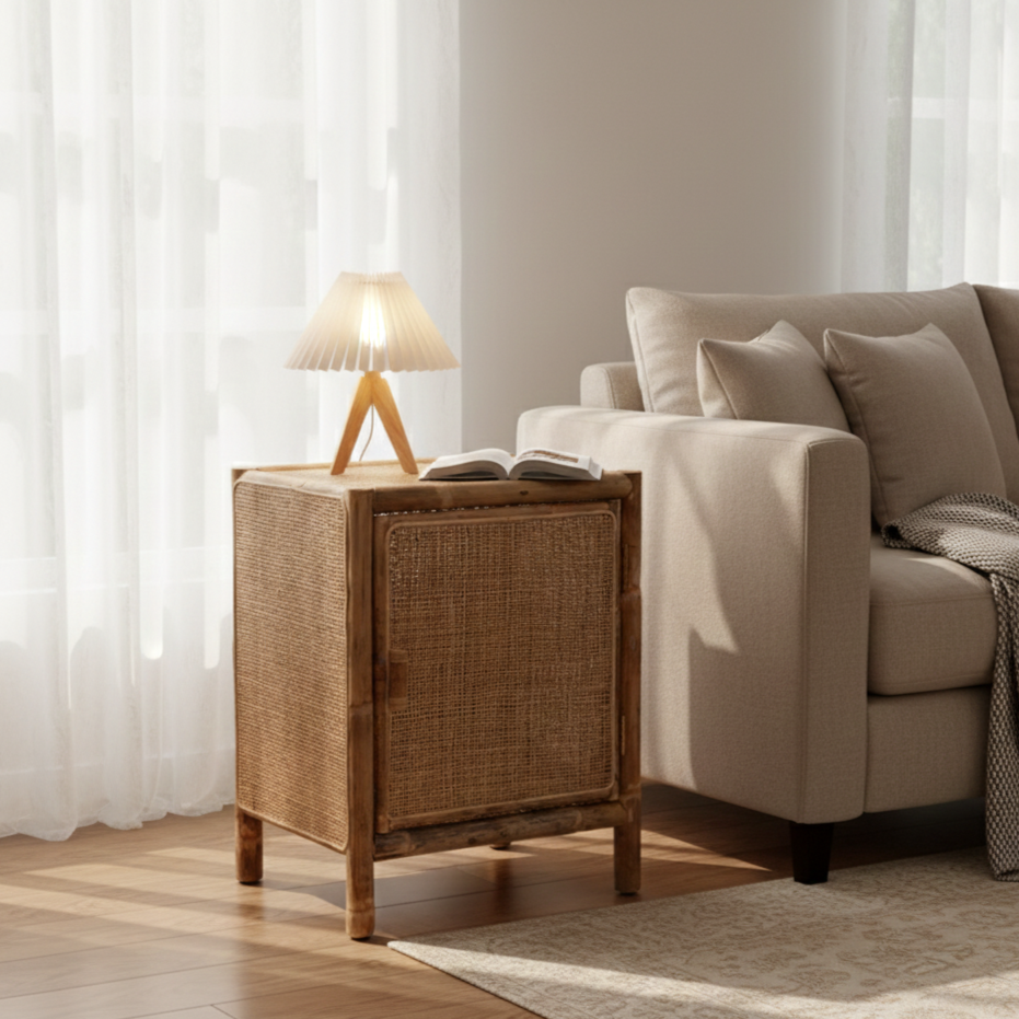 Traditional Chinese Wood Color Storage Cabinet: Natural Indonesian Rattan & Handwoven - Single-Cabinet Storage Sideboard For Living Room Cuvalon