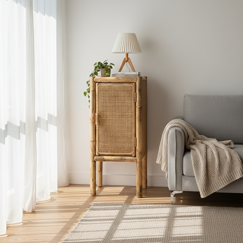 Traditional Chinese Slim Storage Cabinet: Natural Indonesian Rattan & Handwoven - Space-Saving Storage Sideboard For Living Room Cuvalon